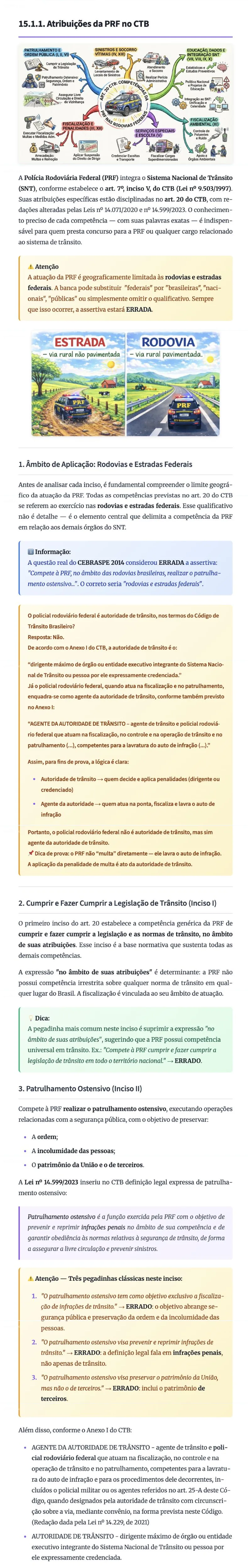 Início da aula 15.1.1 do curso: mapa mental das atribuições da PRF no CTB, avisos de atenção e os incisos I a III com as pegadinhas da banca